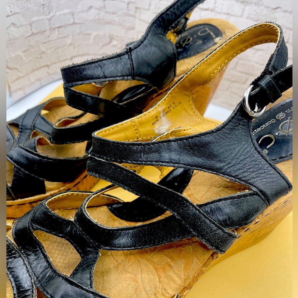 "Born" comfortable wedge trendy sandals. Size 9. Black leather with cork wedge